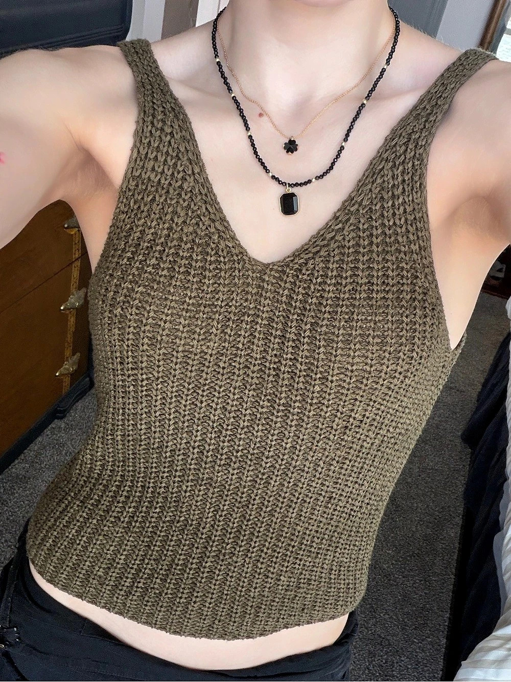 Knit Tank Top Crochet Sweater XS Brown Olive Green Festival Hippie Boho